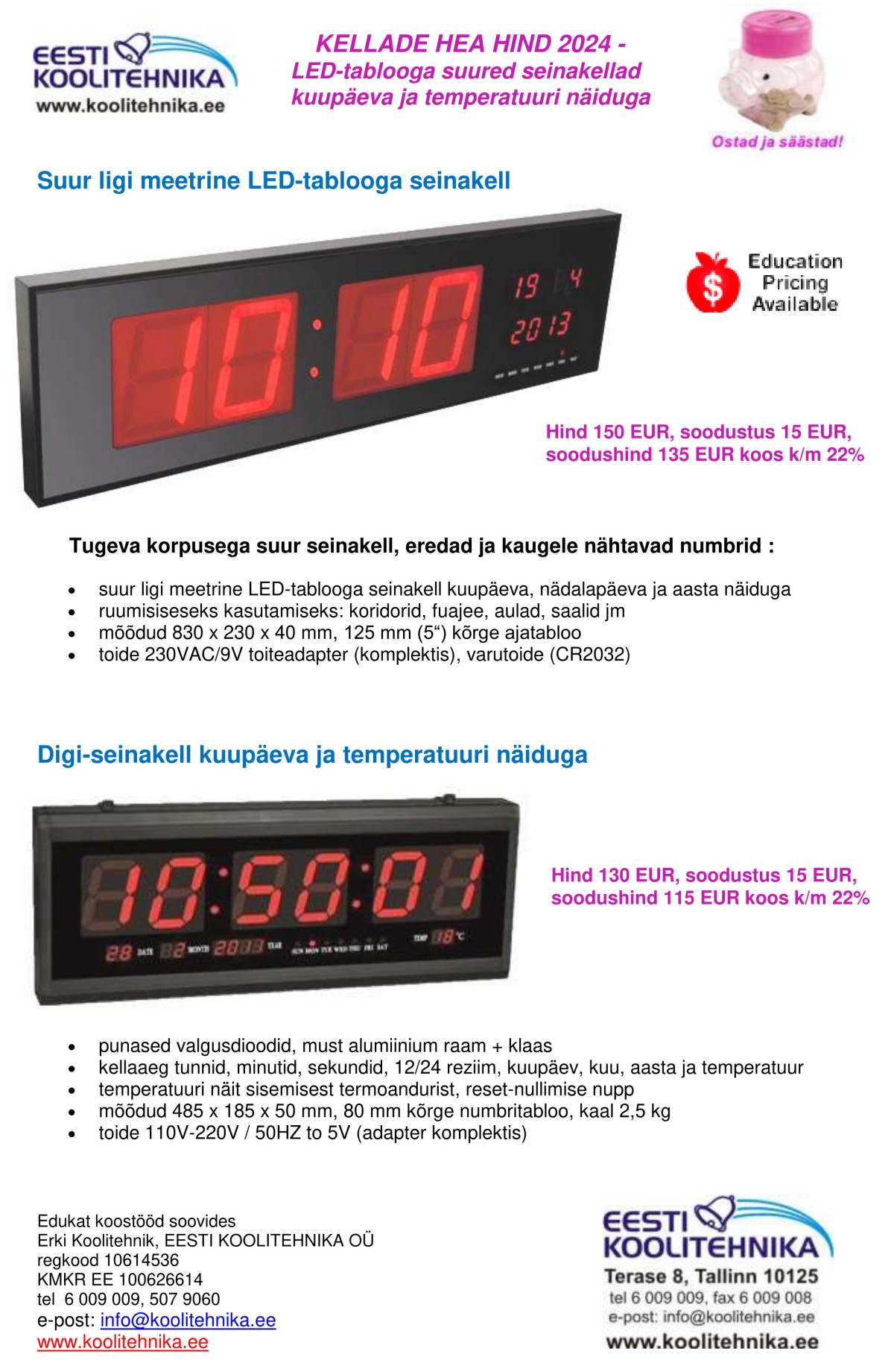 LED-tablooga suured elektroonilised seinakellad