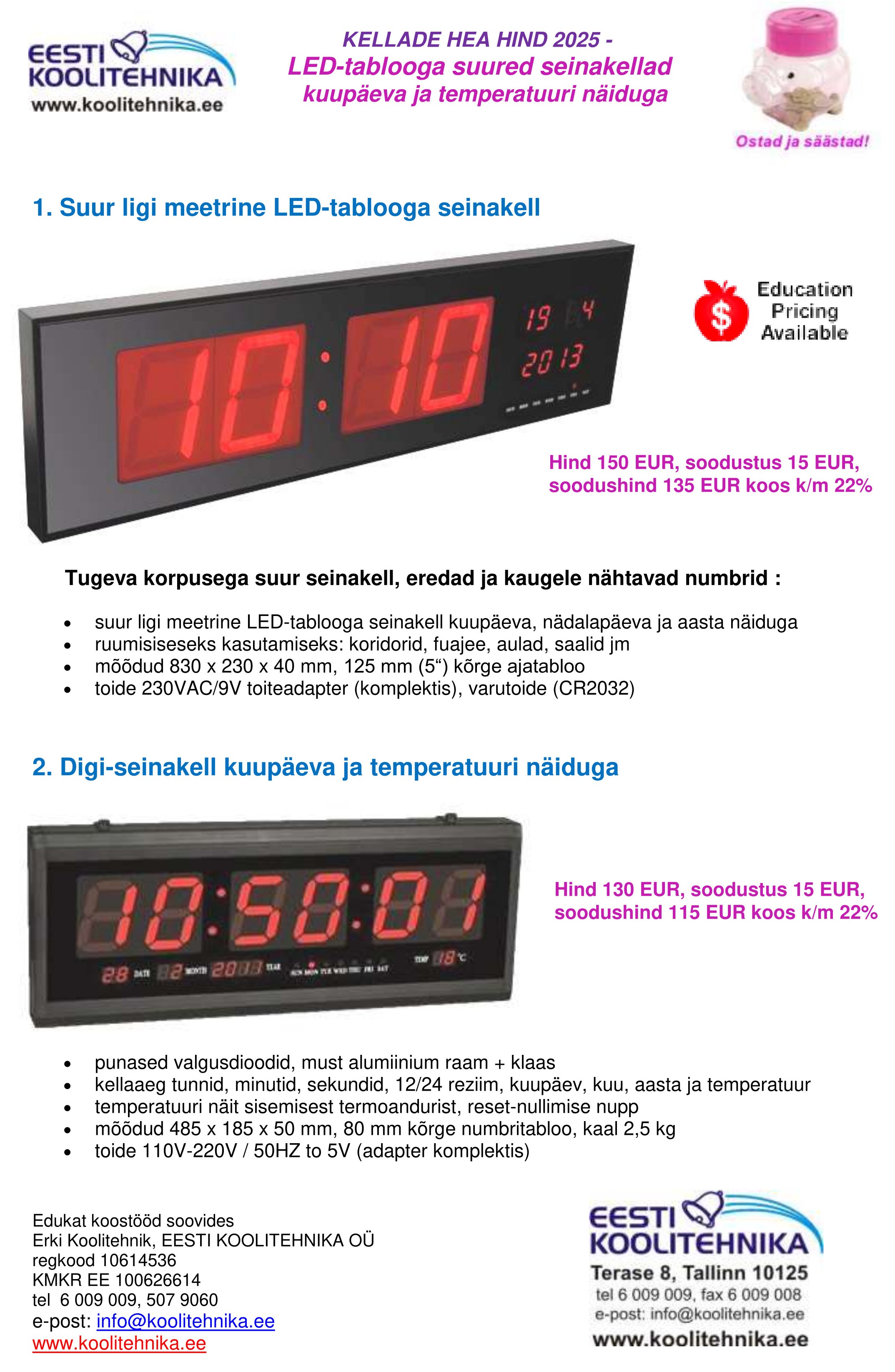 LED-tablooga suured elektroonilised seinakellad