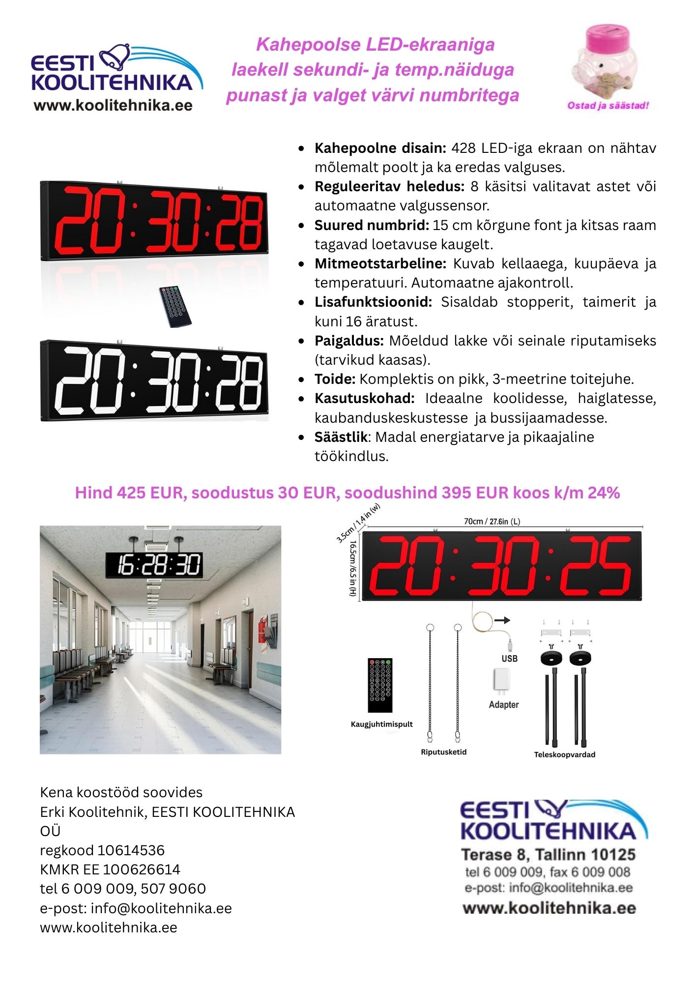 Kahepoolse LED-ekraaniga laekell sekundi- ja temp.näiduga punast ja valget värvi numbritega