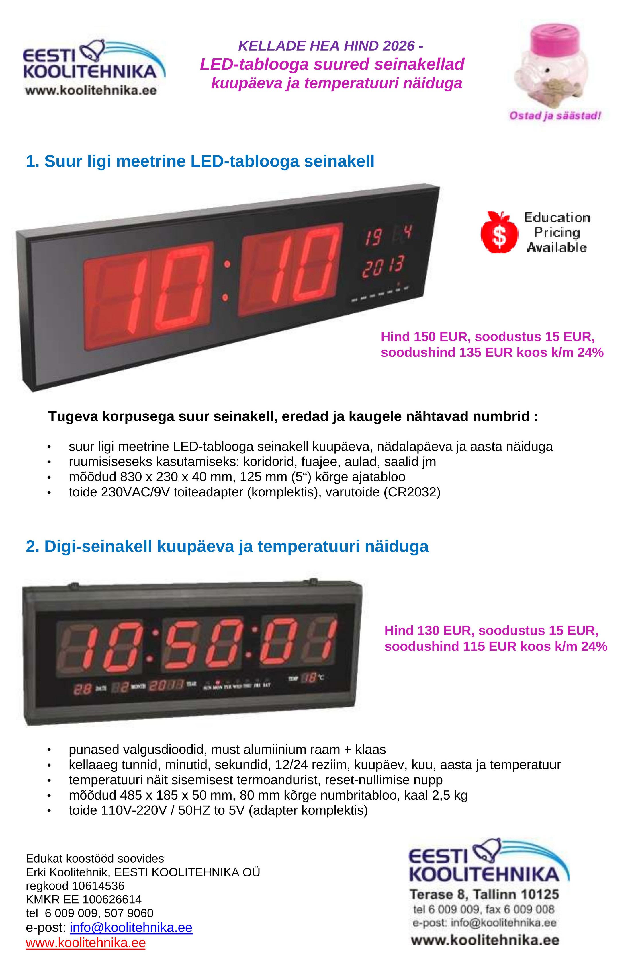 LED-tablooga suured elektroonilised seinakellad