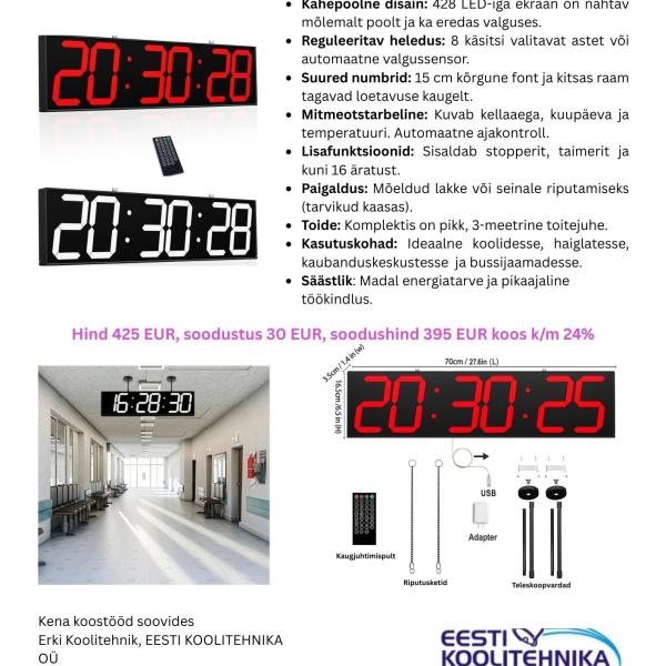 Kahepoolse LED-ekraaniga laekell sekundi- ja temp.näiduga punast ja valget värvi numbritega