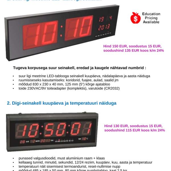 LED-tablooga suured elektroonilised seinakellad