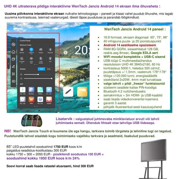 UHD 4K resolutsiooni ja Bluetooth + WiFi ühendusega WenTech Android 14 65